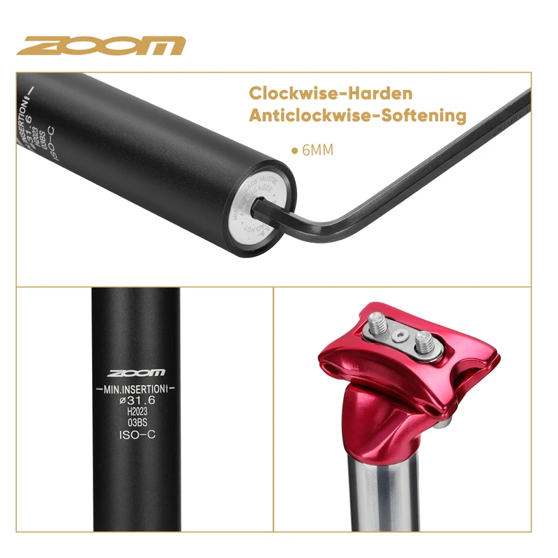ZOOM Fahrrad-Sattelstütze mit Federung, 27,2/31,6/28,6/30,4/30,8/33,9 mm, MTB-Sattelrohr, 350 mm Stoßdämpfer, Sattelstütze, Fahrradteile – Detail 7