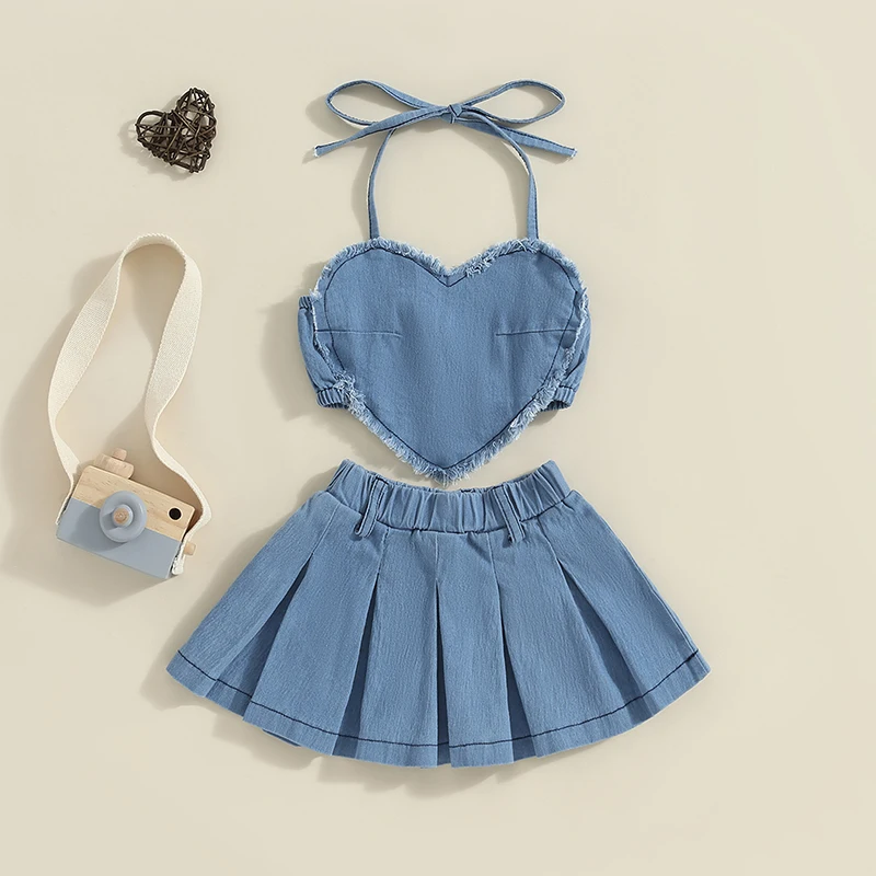 

Toddler Girls Denim Outfits 2Pcs Sleeveless Backless Halter Neck Heart Crop Tops + Pleated Skirt Kids Clothes Set Streetwear