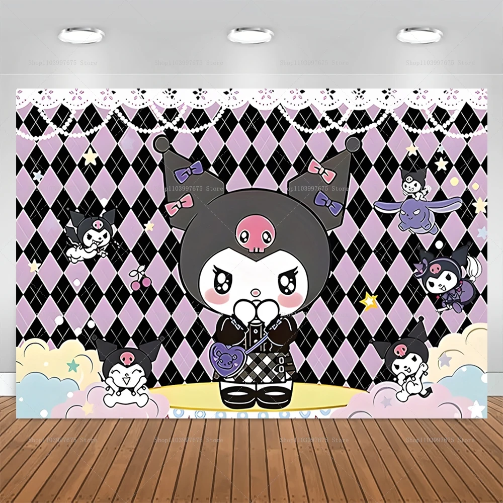 Description Picture 3 of itemCartoon Kuromi Photography Backdrop Kids Birthday Party Cake Table Decor Photo Background Party Banner Supplies Photo Studio