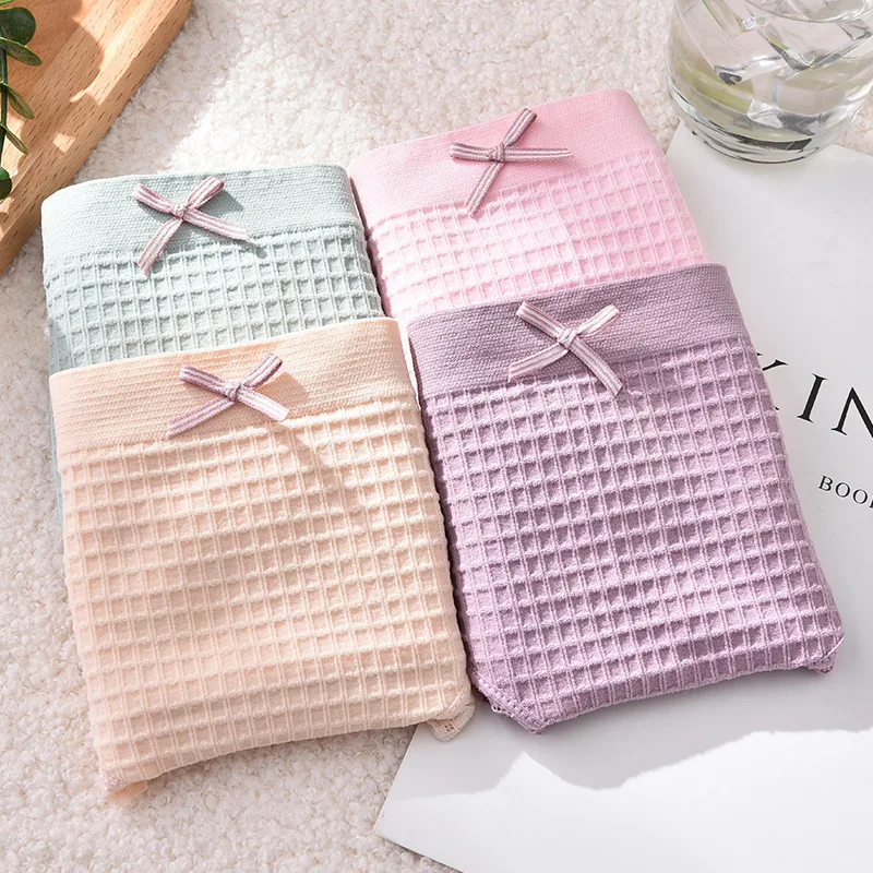

Japanese New Style Summer Seamless Plaid Ladies Panties Girl Mid-Waist Bow Briefs Candy Color Panties