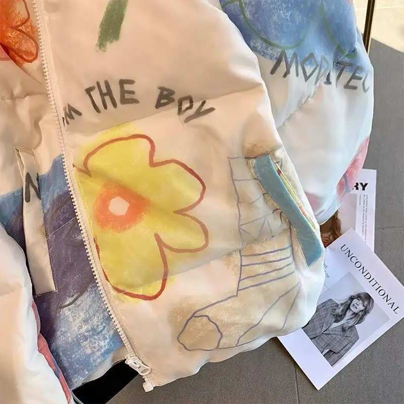 Hand-painted flower  cotton dress design  personality new female winter short fashion cotton  winter coat women