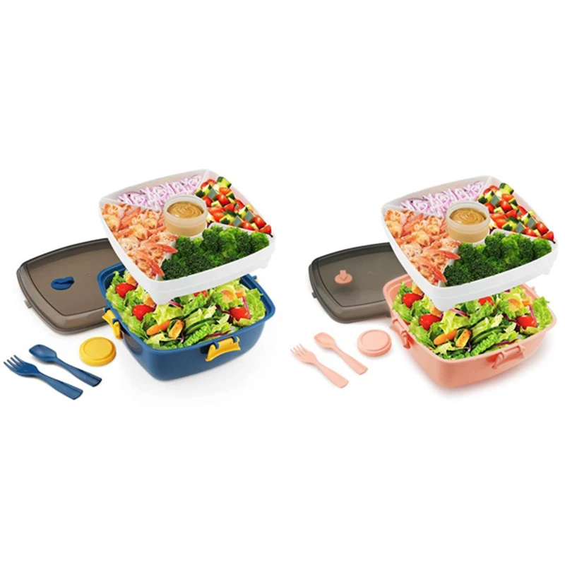 

Salad Lunch Container To Go,Salad Bowl With 5Compartments Bento Style Tray, Reusable Fork Spoon And Sauce Container