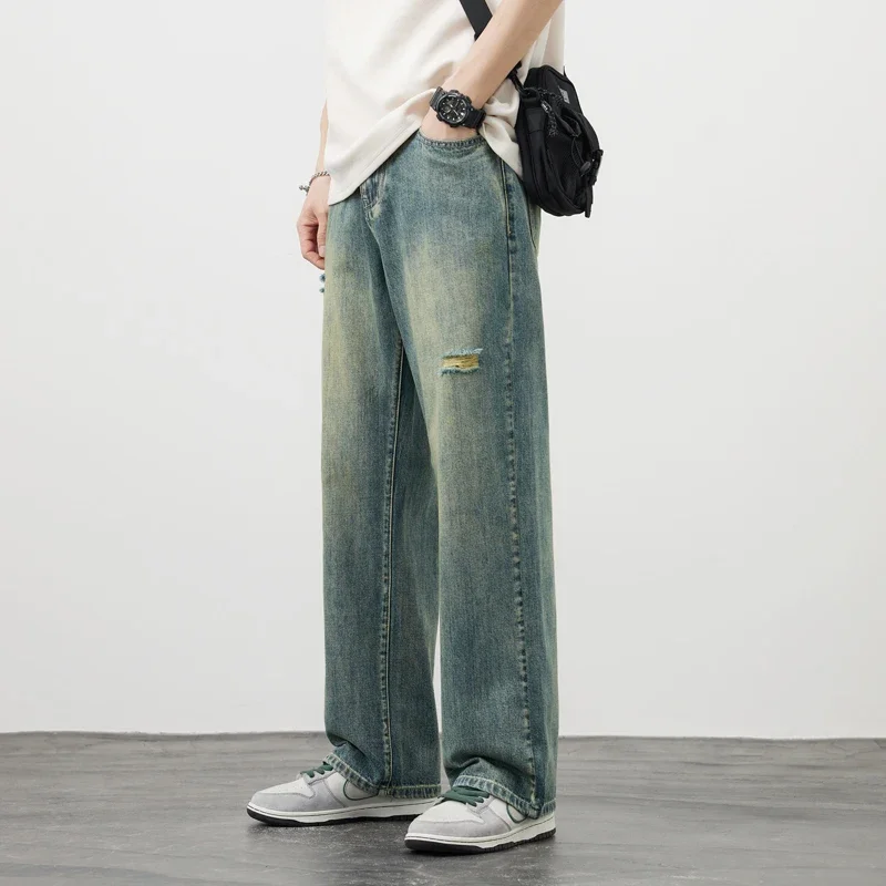 Korea Baggy Jeans Men's Vintage Straight Ripped Y2k Pants Fashion Frayed High Street Distressed Denim Trousers Male Clothes ripped jeans ripped patchwork jeans