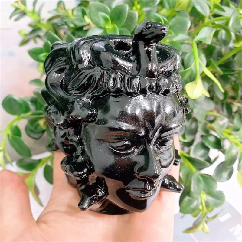 

3.9" Natural Black Obsidian Crystal Medusa Head Portrait Carved Reiki Statue Healing Mineral Crafts For Wicca Decoration 1pcs