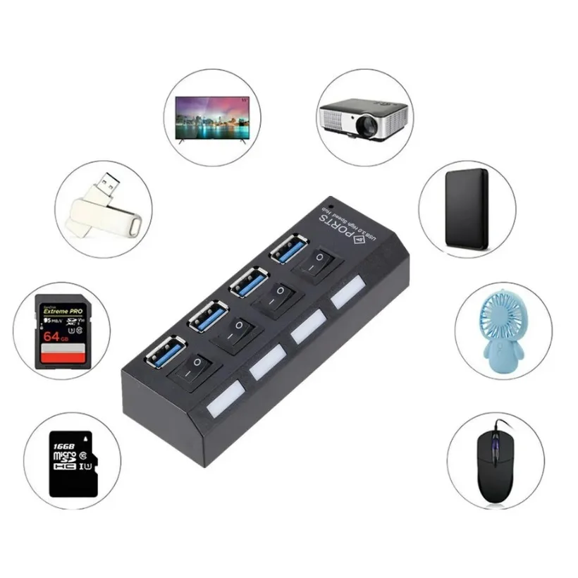 Compact High-Speed 4-Port USB HUB with External Power Adapter