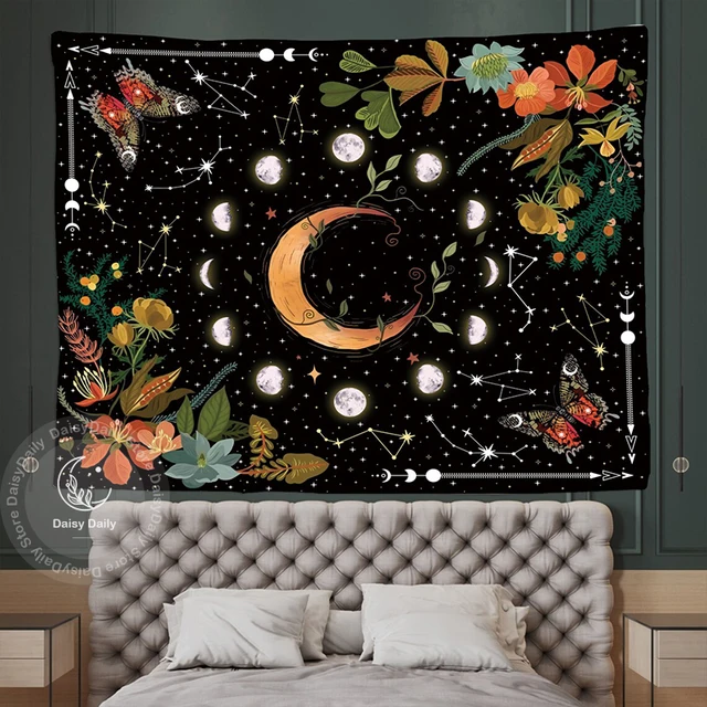 Virágos Kárpit Holdfázisú Botanikus Égi Csillagok Pillangó Éjszakai Kárpitok Fal Lógó Nappali Hálószoba Csillagszőnyeg - Image 3