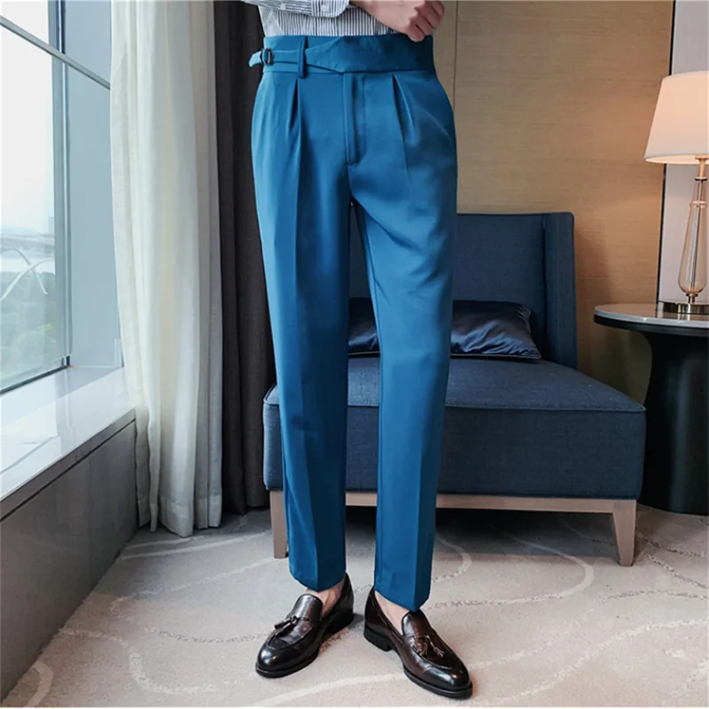 Men British Style Business Casual Dress Pants Belt Design Slim Trousers Formal Office Social Wedding Party Dress Suit Pant