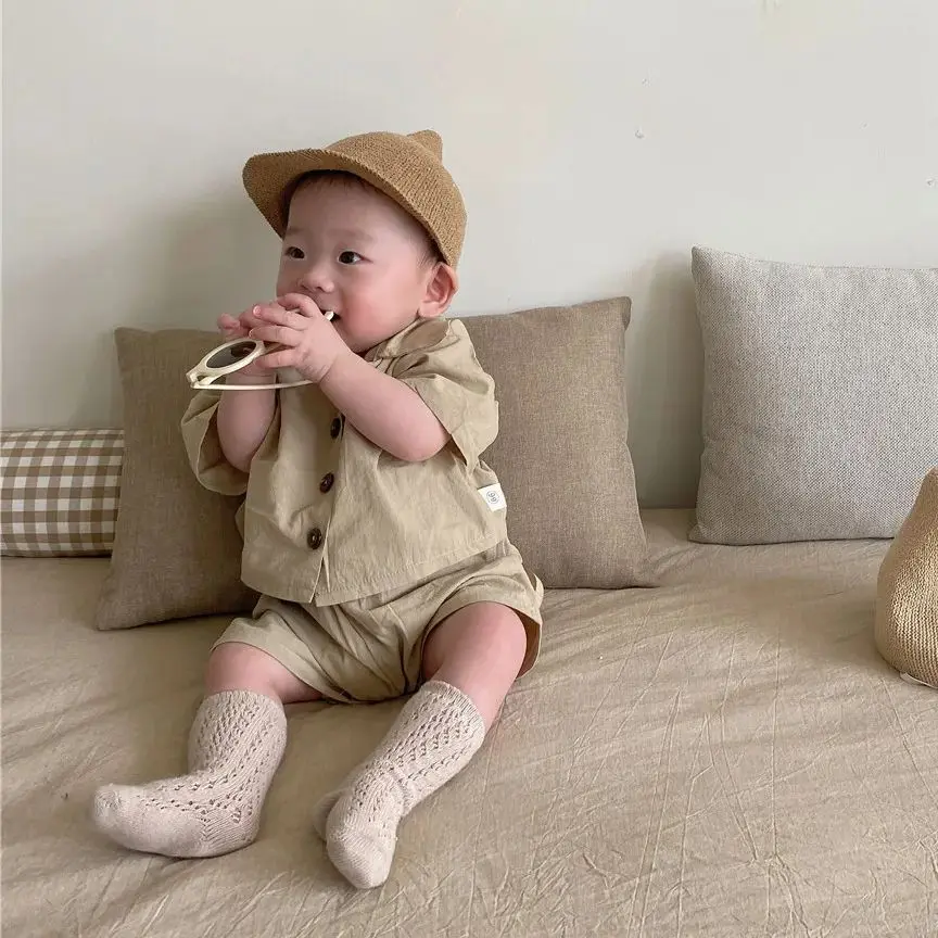 유아 남아 여아 세트, 액티브 솔리드 티셔츠, 짧은 정장, 한국 스타일 아기 복장, 0-2 세 의류, 2 개 