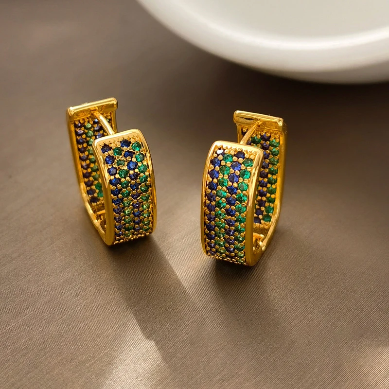 Europäische und amerikanische leicht luxuriöse, mikro-eingelegte, farbige Zirkon-Quadrat-Metallohrringe für 2024, Modeschmuck, Damen-Accessoire – Detail 7