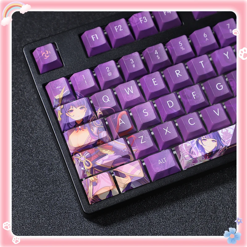 Chaves Conjunto Genshin Impacto Raiden Shogun Tema Pbt Keycaps para Teclado Mecânico Jogo Anime Japonês Design Personalizado Bonito Menina 108