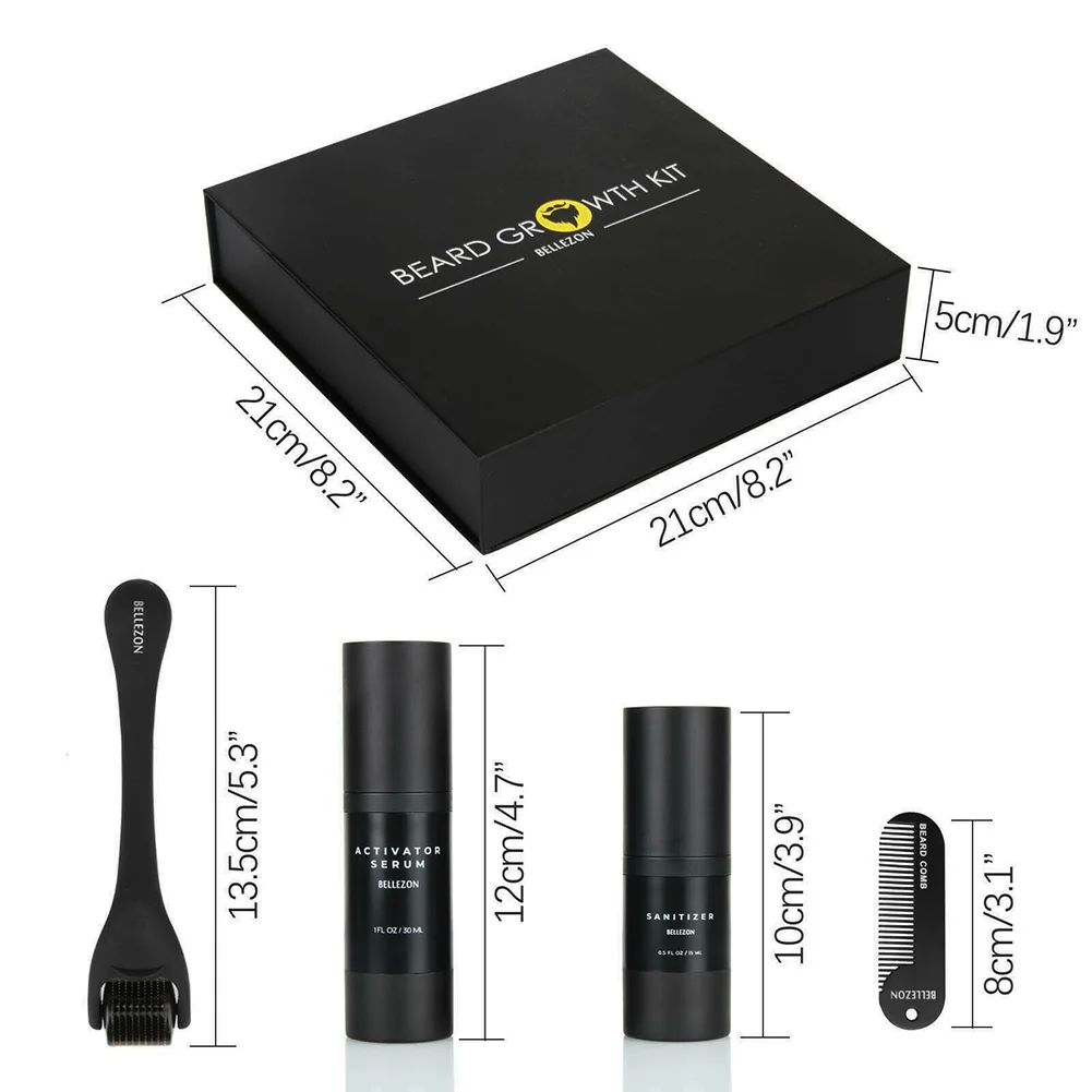 4 Pcs/set Bellezon Beard Growth Kit Professional Hair Growth Enhancer Set Beard Roller Massage Comb for Men