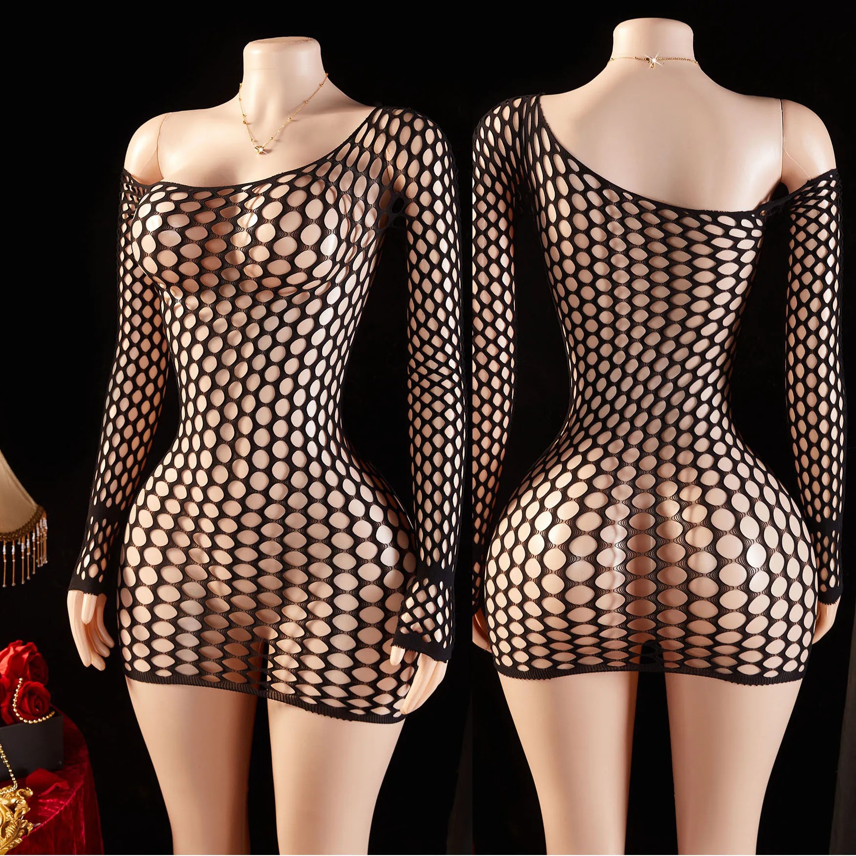 Women Sexy Fishnet Elastic Dress Erotic Lingerie Mesh Hollow Perspective Bodycon Sheath For Sex Clothes Long Sleeves Sleepdress