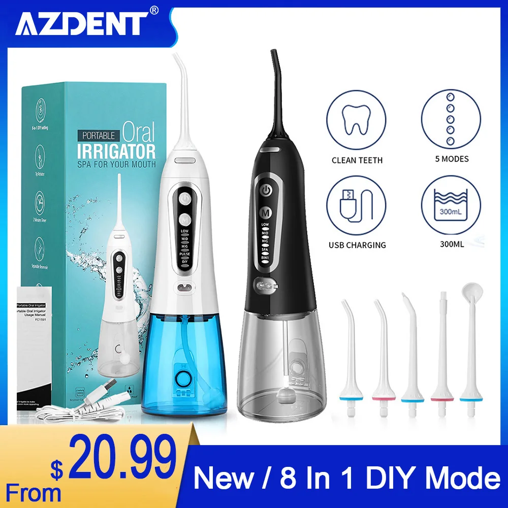 Azdent WF203 المحمولة عن طريق الفم الري ماء قطن الأسنان اللاسلكي لتقوم بها بنفسك USB قابلة للشحن خلة أسنان 300 مللي 5 جيت نصائح|Oral Irrigators| – AliExpress