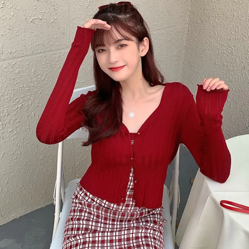 여성용 캐주얼 긴팔 가디건, V넥 얇은 자외선 차단, 단색 니트 탑, 소녀 에어컨 의류 의상