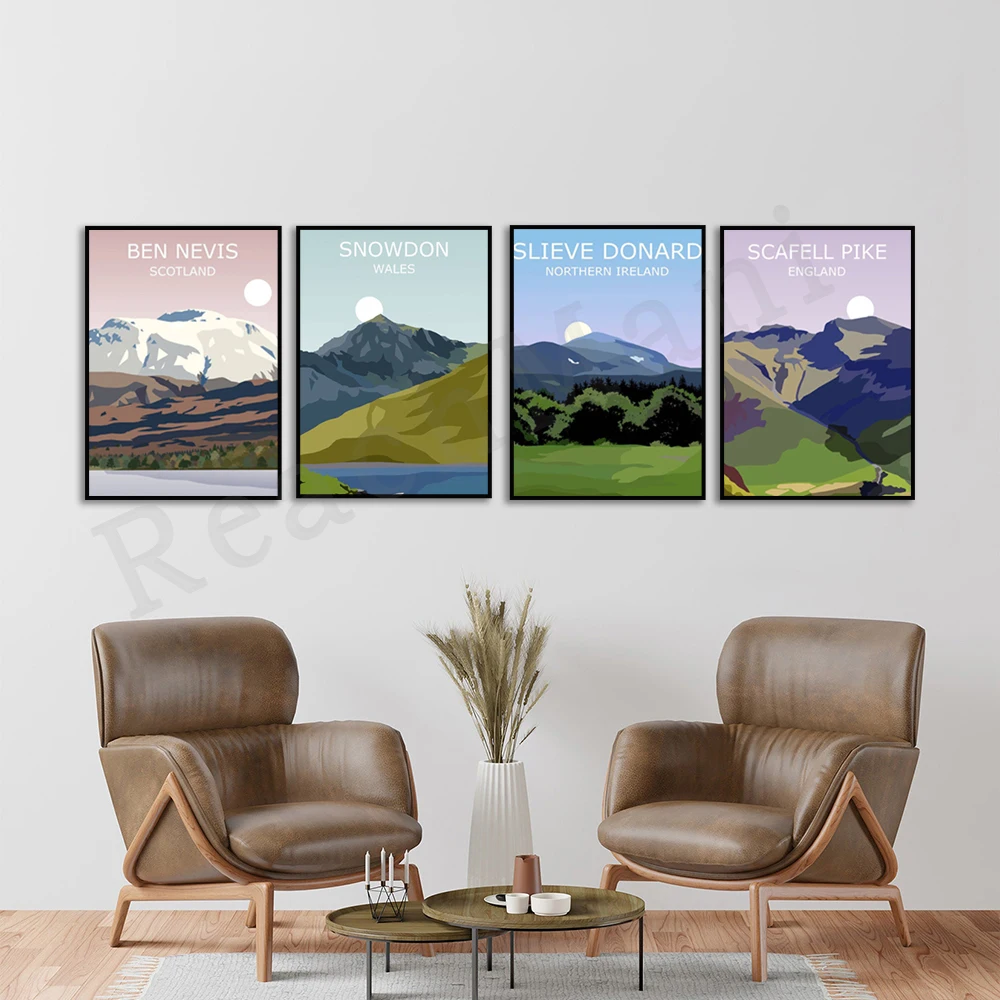 

Four Peaks print, Ben Nevis, Scafell Pike, Snowdon, Slieve Donard landscape, highest mountain in England, travel poster, hiking