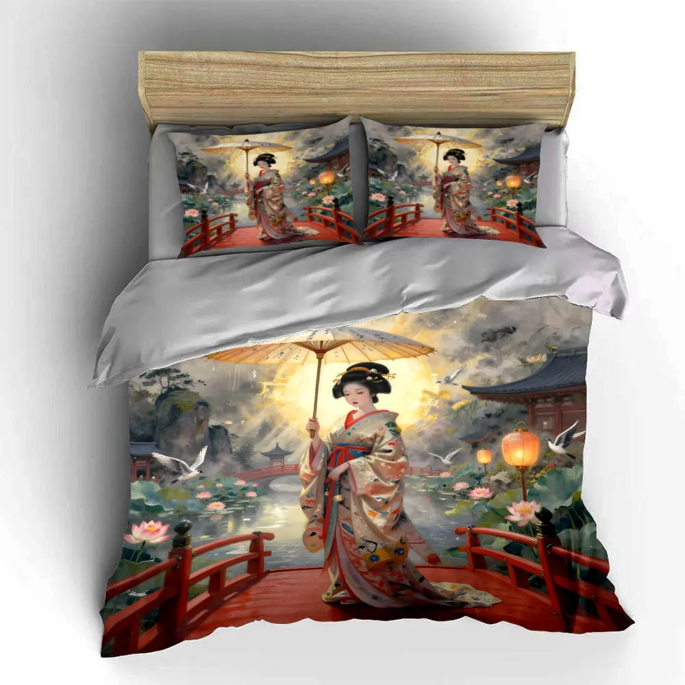 Woman in kimono holding umbrella Printed Duvet Cover Set1 Duvet Cover+2 PillowcaseMulti Size Bedroom Bedding Decor 5