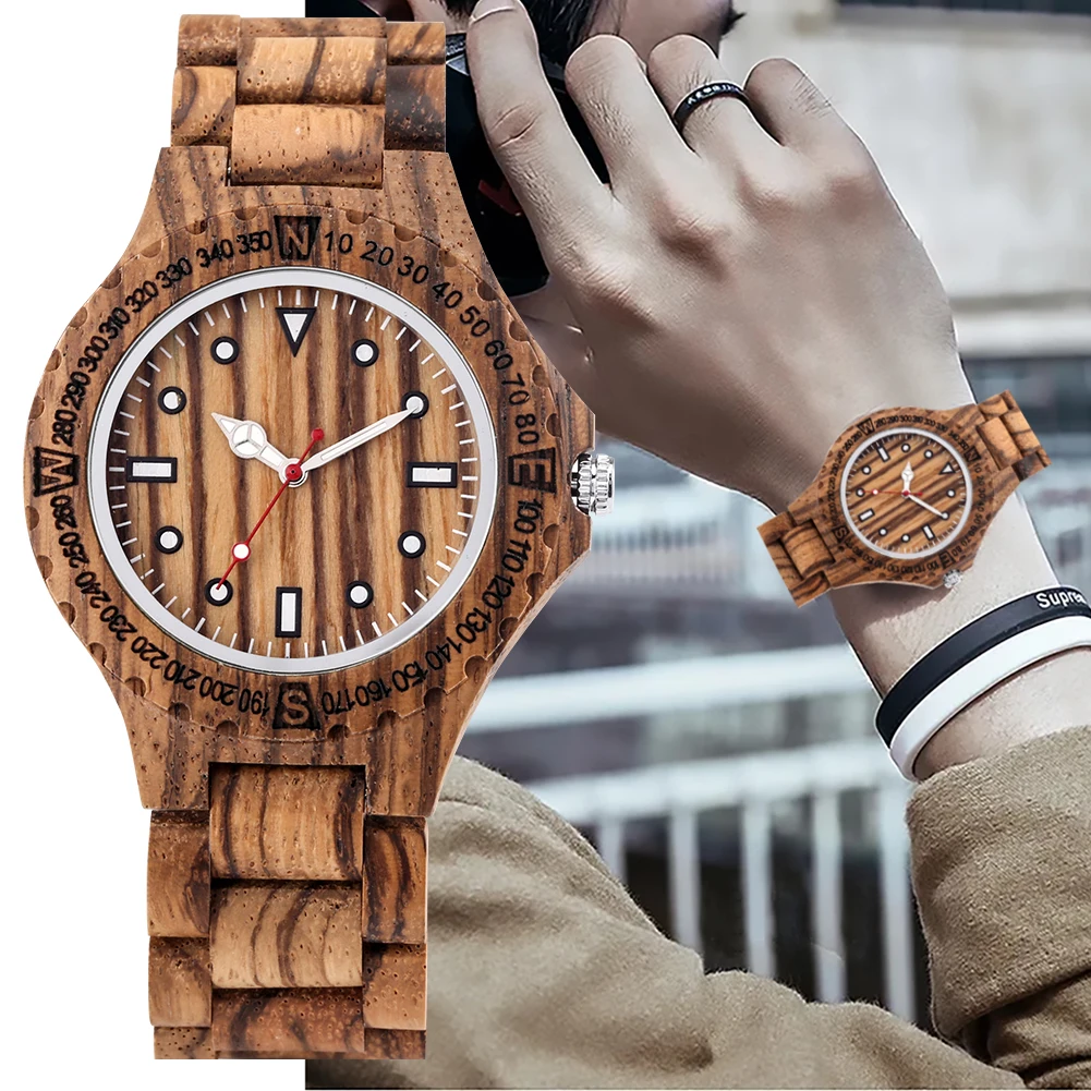 

Quartz Zebra Wood Watch for Men Simple Scale Wooden Dial Watches Practical Full Wood Strap Folding Buckle Mens Wristwatch Gifts