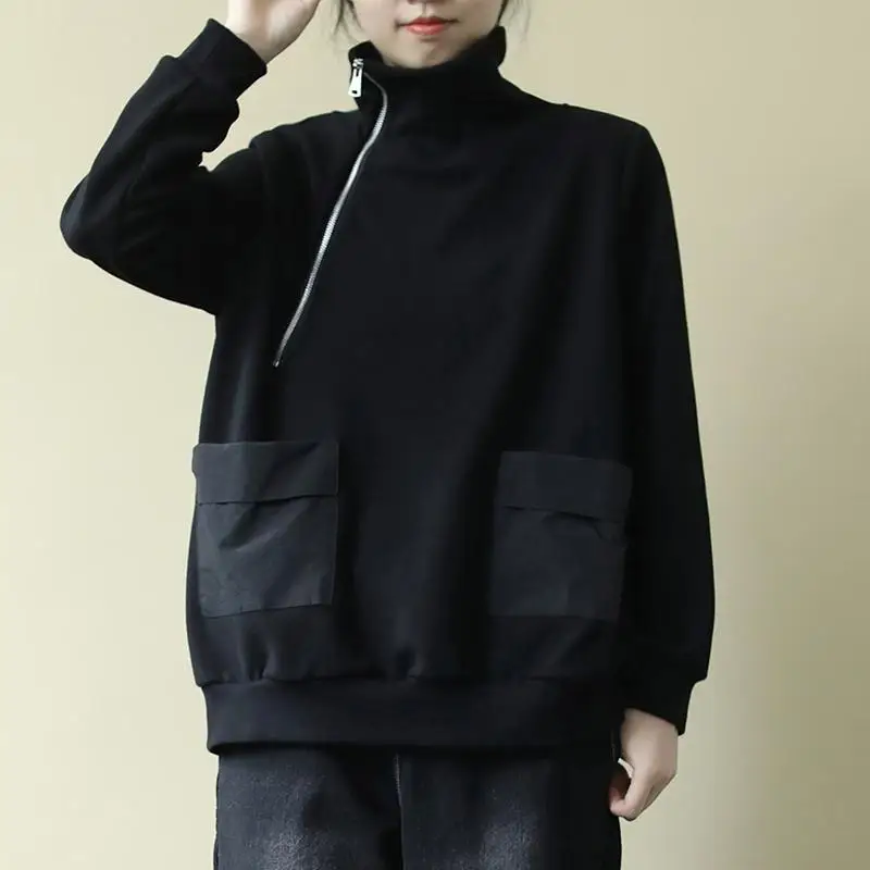 Fashion Stand Collar Zipper Spliced Pockets Asymmetrical Blouses Women's Clothing 2023 Winter Loose Casual Tops Korean Shirts