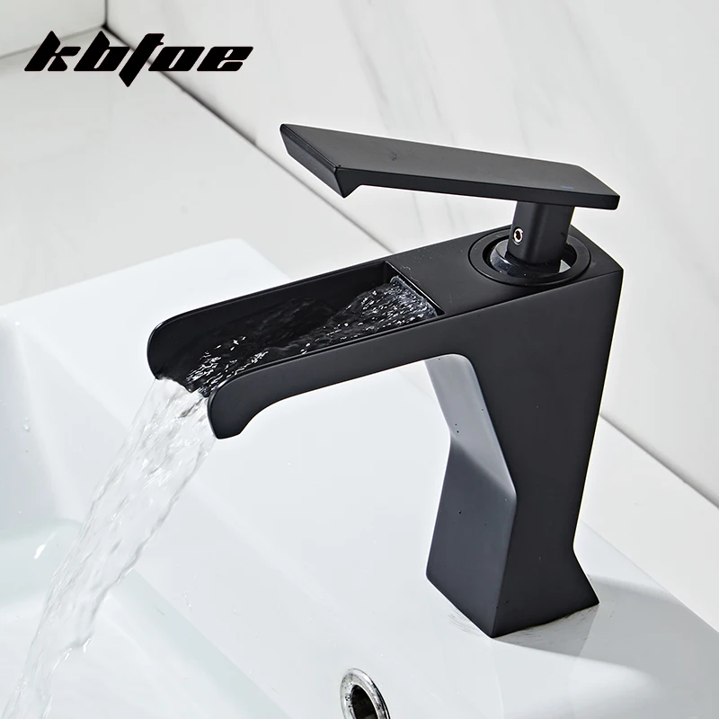 

Black Bathroom Washbasin Water Faucet Waterfall Basin Taps Single Handle Hot Cold Water Sink Mixer Tap Brass Creative Crane