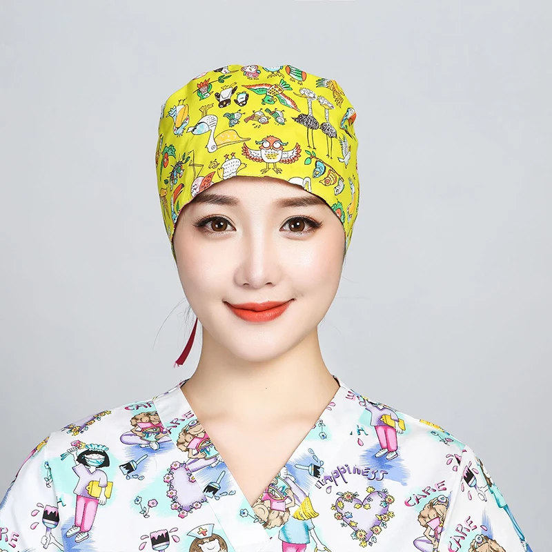 

Operating Room Cotton Working Caps Cartoon Print Nurse Hats Nursing Bouffant Scrubs Hat Button Dust-Proof Unisex Surgical Cap