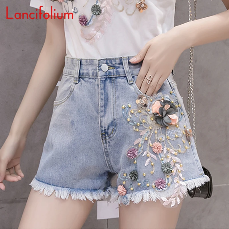 

Korean Chic 3D Flower Embroidery Denim Shorts Summer Women 2023 Baggy High Waist Ripped Tassel Wide Leg Cute Sweet Jeans Shorts