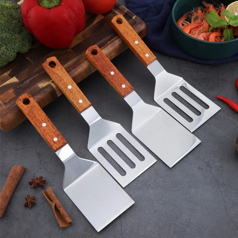 

Stainless Steel Wooden Handle Cooking Spatula Steak Pancake Frying Shovel Teppanyaki Scraper Barbecue Tool Kitchen Accessories