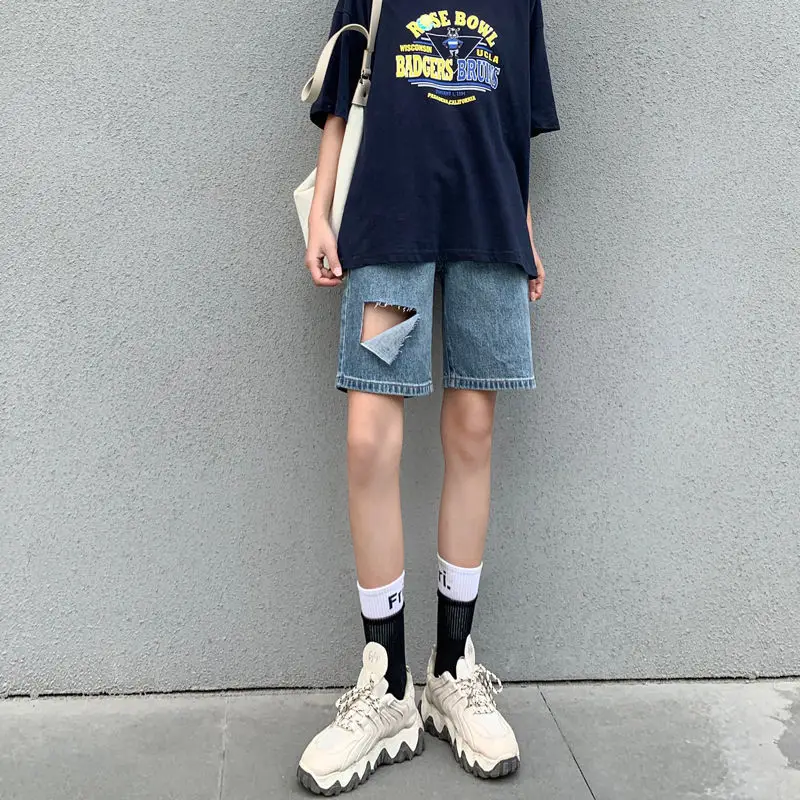 Denim Bermuda Shorts Woman Y2K Long Streetwear Biker Shorts Women High Waist Cute Summer Half Short Pants Ladies Ripped Jeans