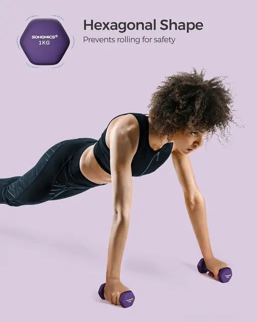 SONGMICS Dumbbells Set of 2 2 x 1kg Dumbbells Hexagon Neoprene Coating Strength Training Workout Fitness Training Home Ash