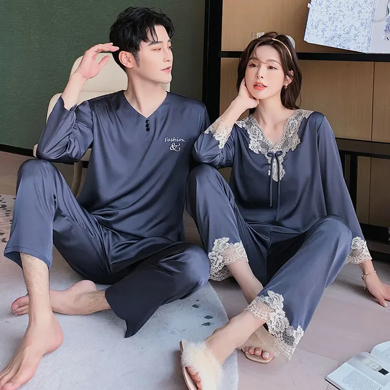 Pajamas Set Men Women Fall Summer Ice Silk Couple Sleepwear Large Size Imitation Silk Loungewear Suit