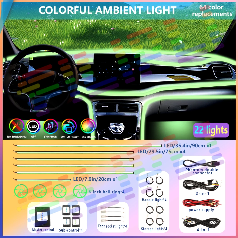 

22 In1 Full Universal Symphony Car LED Ambient Lights Decoration Atmosphere Lamp 64 RGB Colorful Streamer Rainbow App Control