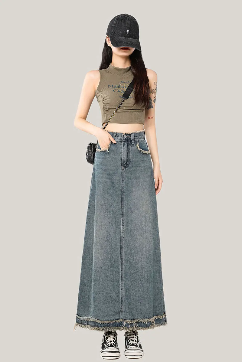 【SATIIIZ】Kina Cutting Denim Long Skirt GUUZYUVIZ-Women's Vintage Denim Color Contrast Long Skirt, A