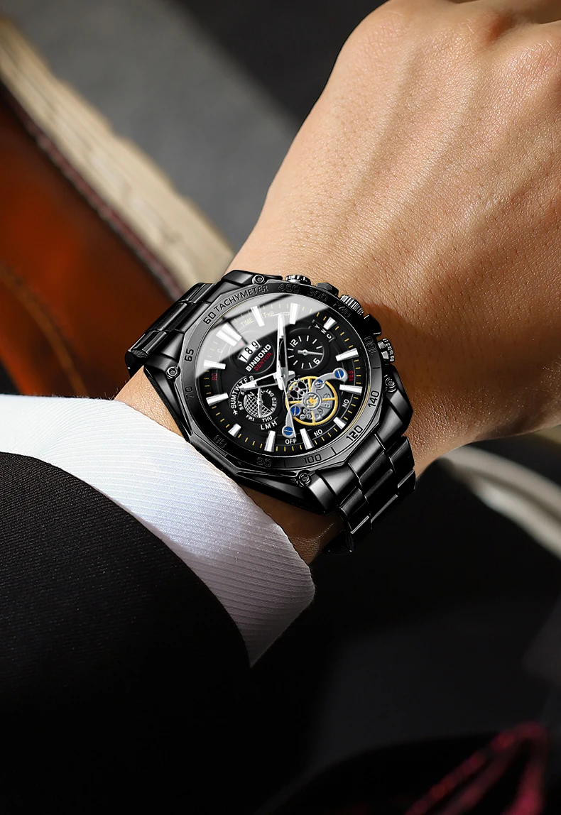 Relógio Masculino BINBOND Luxo – Tourbillon Decorativo, Aço Inoxidável, Ponteiros Luminosos e Resistente à Água.