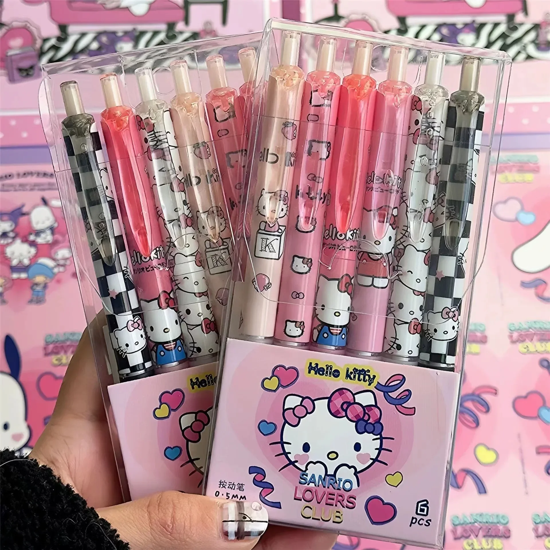 

Wholesale 6PCS Set Kawaii Sanrio Press Pen Anime Stationery Kuromi My Melody Cinnamoroll 0.5MM Black Student Use Kids Gift
