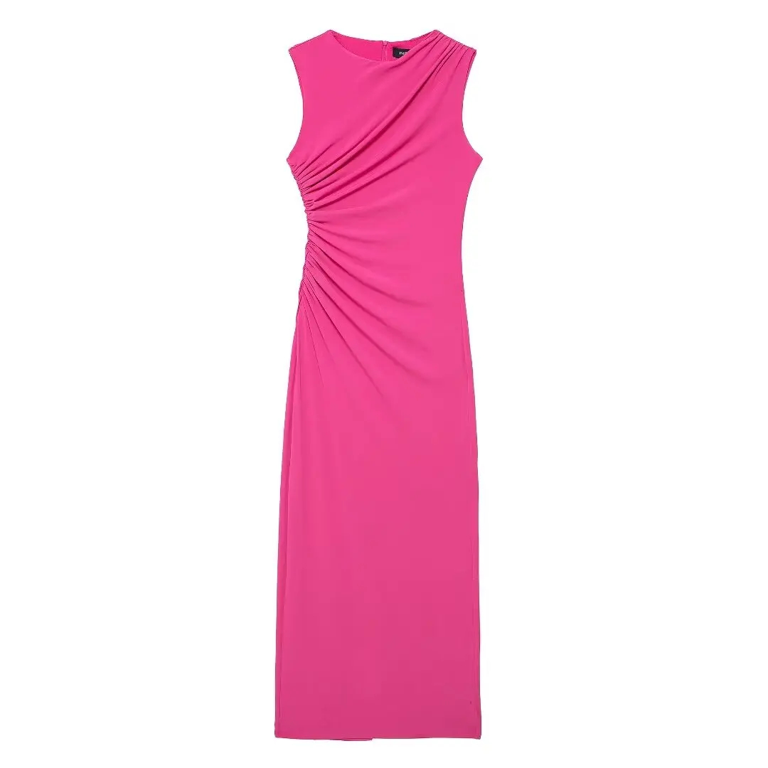 HH TRAF Vestido midi sin mangas con pliegues para mujer, moda de verano, liso, de 6 colores, con cremallera en la espalda, abertura en el dobladillo, vestido largo para fiesta en la playa para mujer