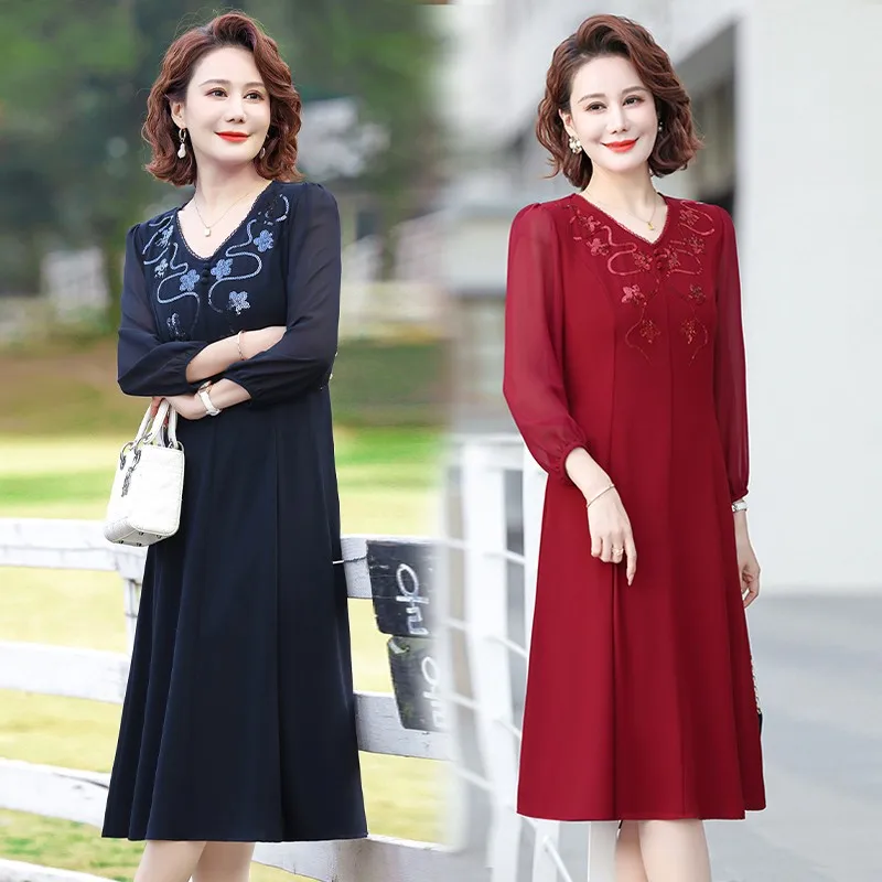 

NEW Chiffon Long-Sleeved Dress For Spring Women's New V Neck Sequin Shows Thin And Long Skirt Noble Mother Clothes