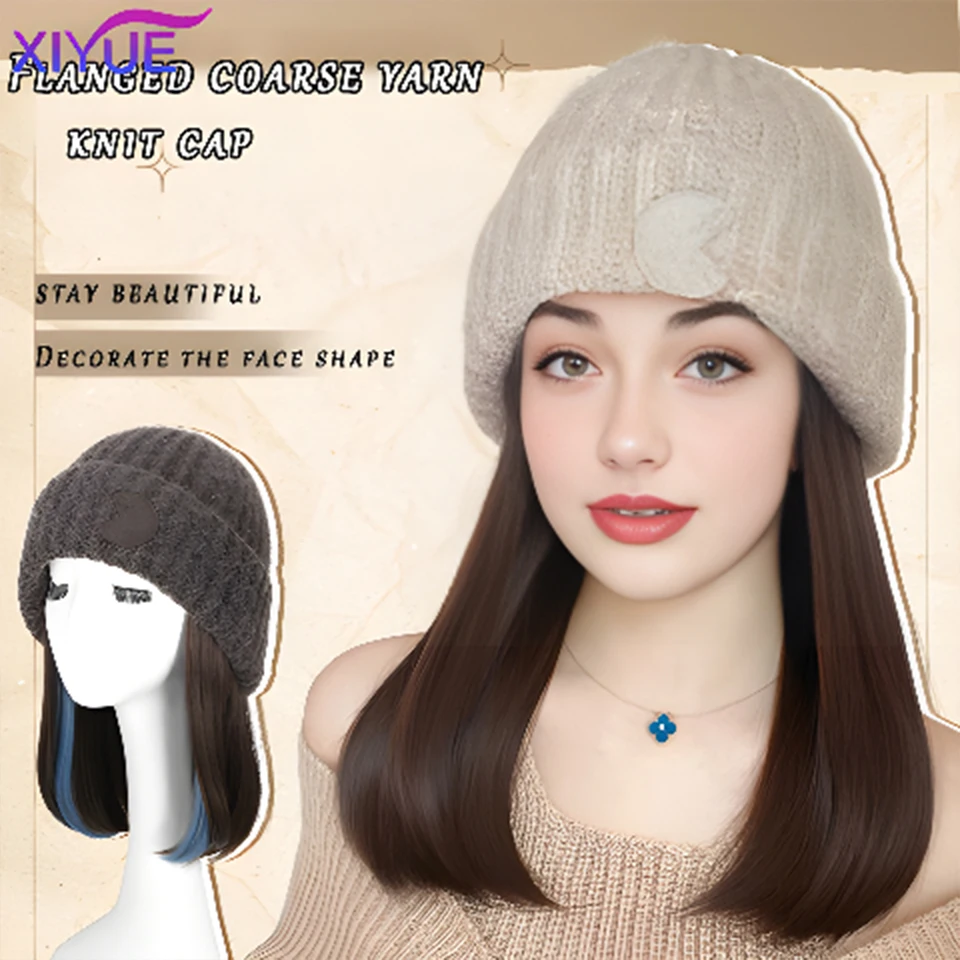 XYFashion Hat Wig Brimless Cap with Long Curly Wave Hair Extensions Knitted Synthetic Removable Hairs Piece for Women Winter Use