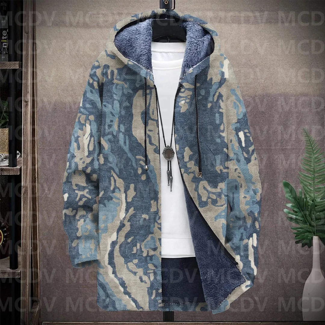 2023 Men's Retro Pattern 3D Printed Plush Thick Long-Sleeved Coat Fleece Hooded Overcoat Casual Thick Warm Jacket