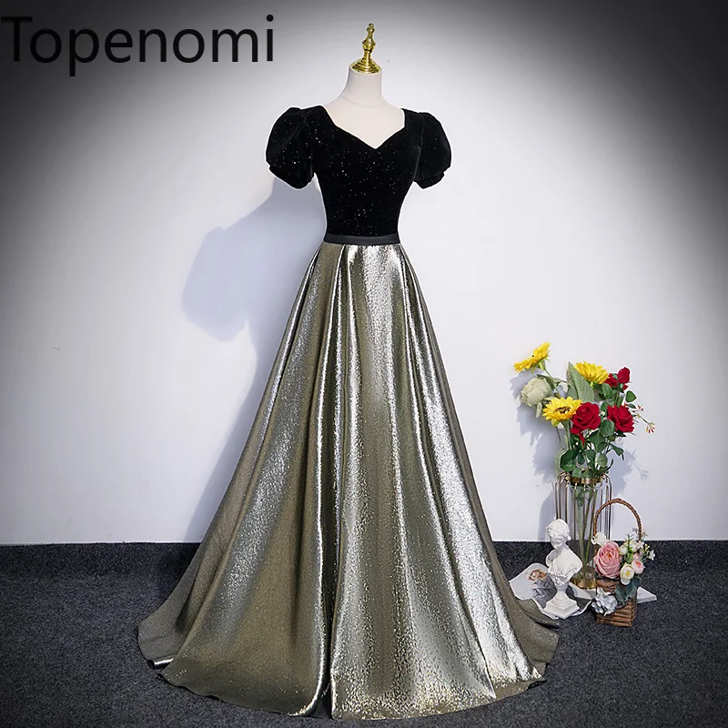 

Topenomi Luxury Dress 2024 New Temperament Sequin Puff Sleeve V Neck Waist A-line Evening Dresses Formal Prom Vestidos De Fiesta