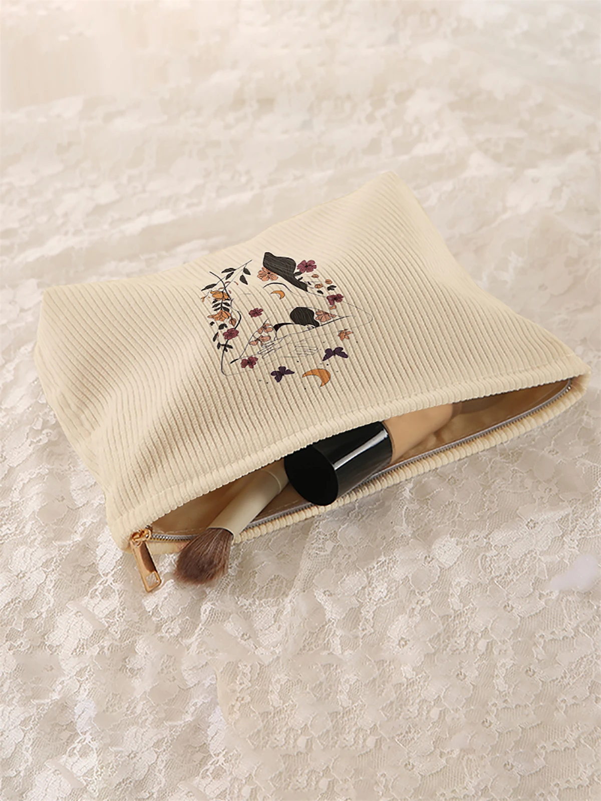Corduroy makeup bag, lightweight zipper makeup storage box, multifunctional bag with lining