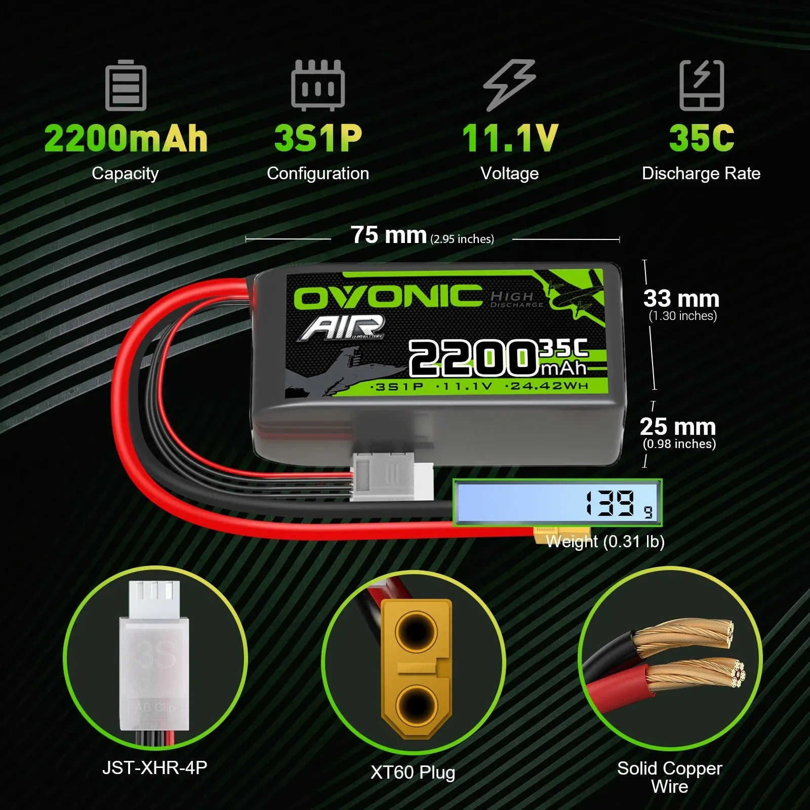 OVONIC 3S LiPo 2200mAh 35C 11.1V Batterie RC XT60 - Lot de 1/2/4