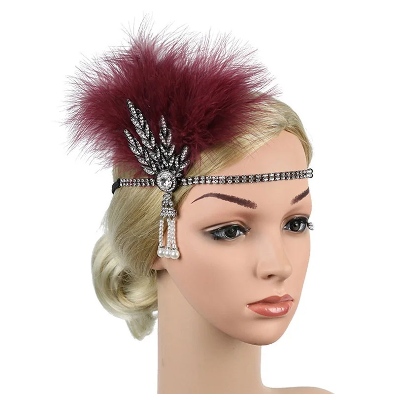 Fascia per capelli con piume di pavone anni '20, accessorio per capelli vintage con nappe e strass, nero, taglia unica