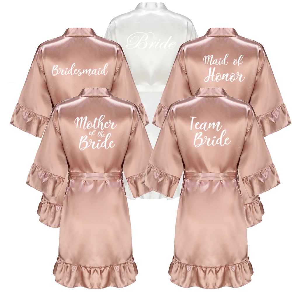 Kimono en Satin avec Lettres Blanches à Volants pour Demoiselle d'Honneur, Robe de Soirée de Mariage, Pyjama pour Mère, Peignoir Or Rose, Nouvelle Collection