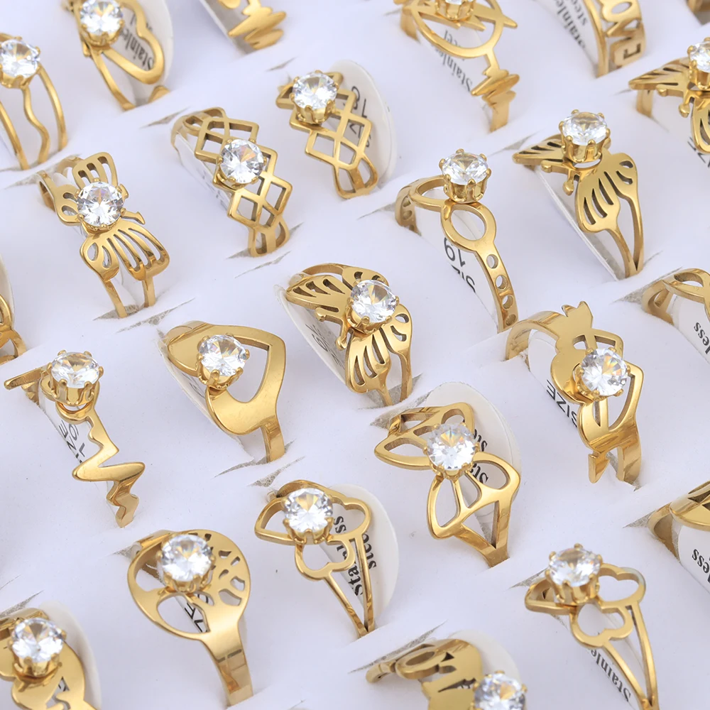 50Pcs/Lot Fashion Classic Zircon Hollow Stainless Steel Ring Women Mixed Style Wedding Engagement Jewelry Party Gifts