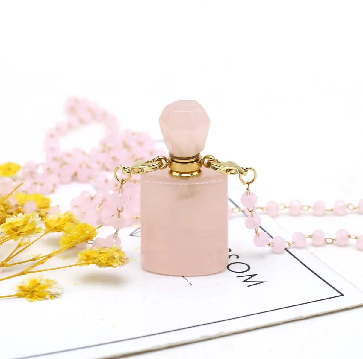 

Natural Charm Semi-Precious Pink Quartz Essential Oil Diffuser Perfume Bottle Reiki Pendant Necklace Crystal Jewelry Gift