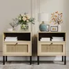 Natural Rattan Nightstand Set of 2, End Table,Boho Bedside Table with 1 Hand Made Decorated Door for Living Room, Bedroom 1