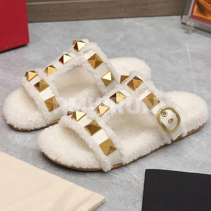 

Ladies Slippers Spring Autumn Unique Plush Upper Rivet Decor Round Head Open Toe Slippers Fashion Comfort Female Shoes