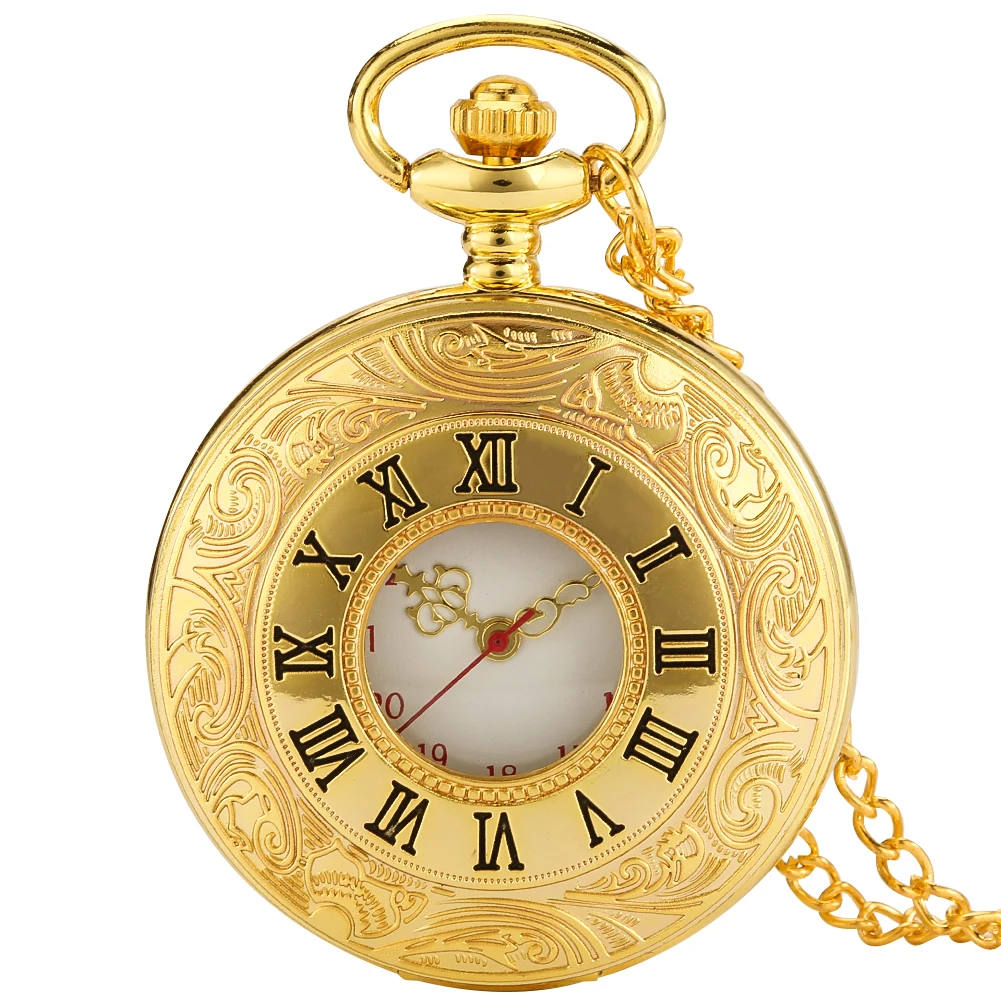 

Luxury Gold Necklace Pocket Watch Hollow Classic Roman Numerals Quartz Analog Pendant Chain Vintage Timepiece Gift Men Women