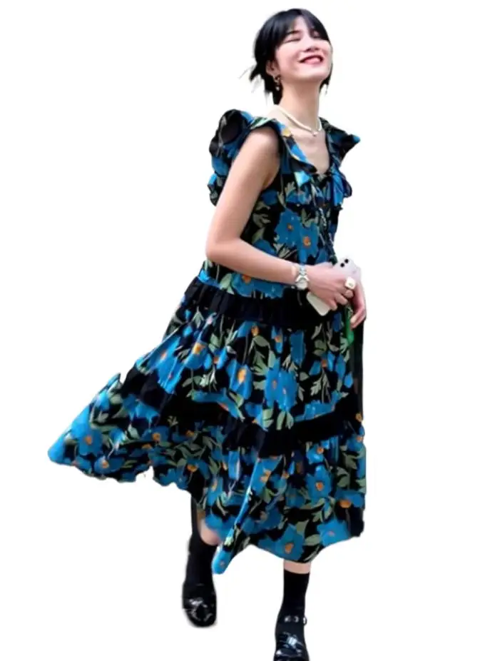 

French elegant blue floral print dress Fashion Sweet Lotus butterfly sleeve Embroidery Lace Cake Dress vintage party dress 6XL