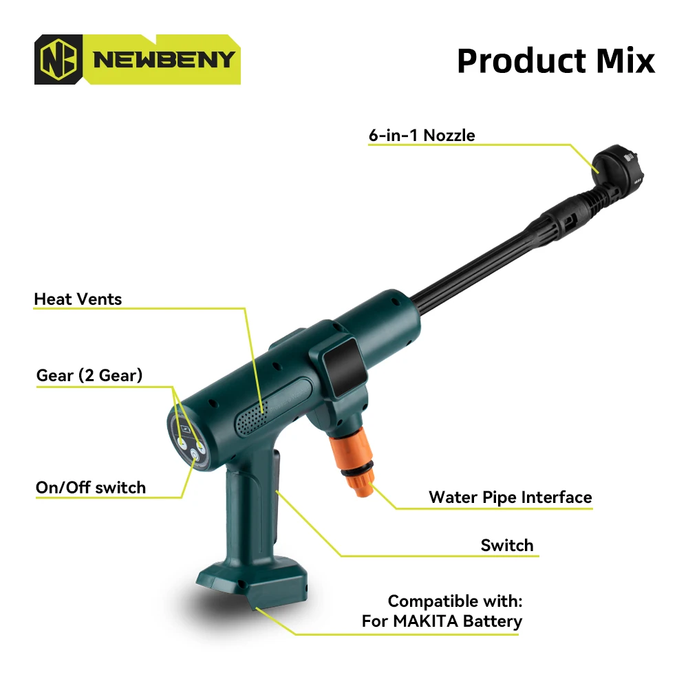 NEWBENY 200Bar Brushless High Pressure Car Washer Gun 6 IN 1 Electric Garden Washing Water Wash Spray Gun for Makita 18V Battery 5