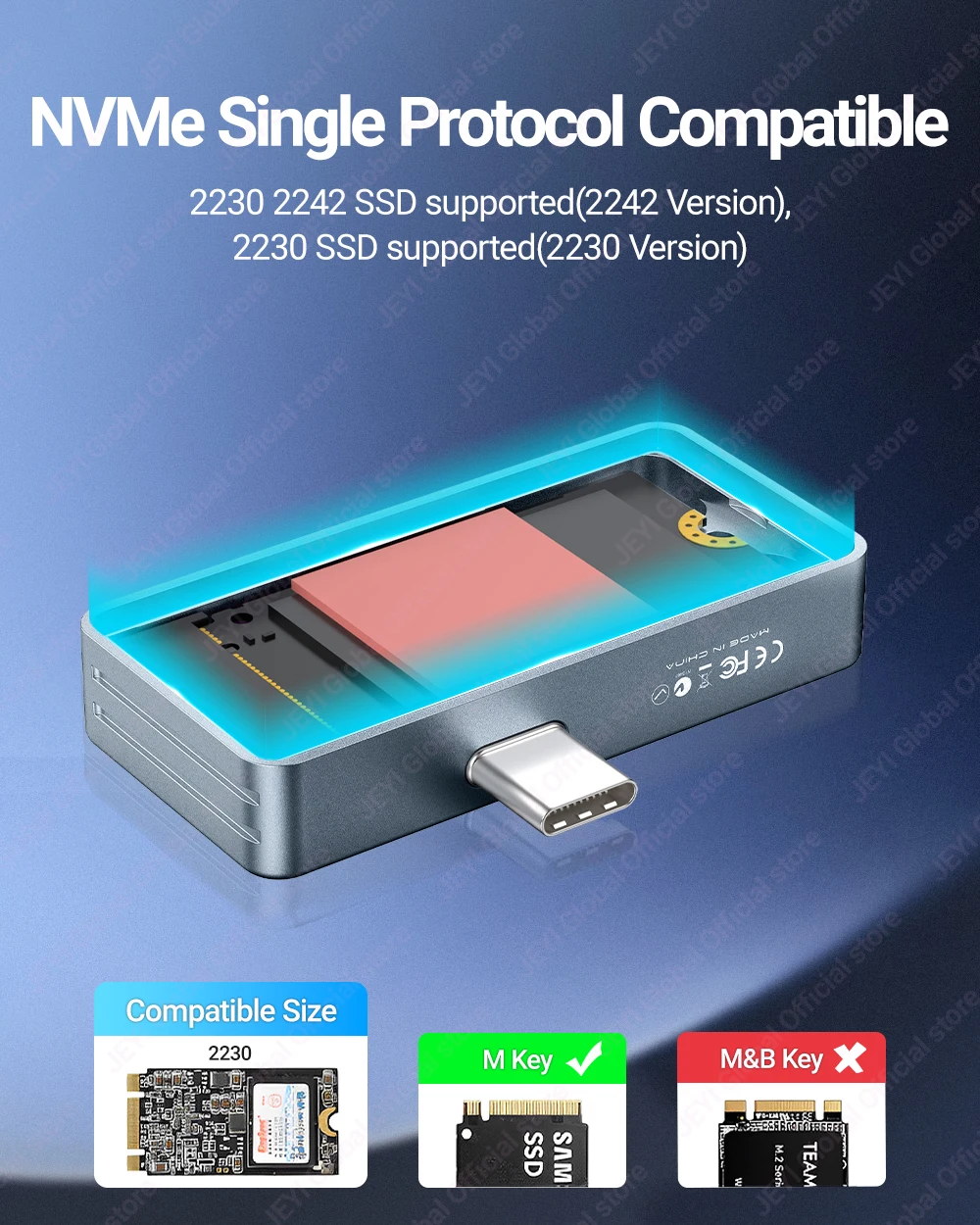 JEYI 2242 2230 M.2 NVMe Direct-Attach-SSD-Gehäuse, USB 3.2 10 Gbit/s Direct USB-C-Stecker Aluminium M2-Gehäuse unterstützt UASP TRIM – Detail 7